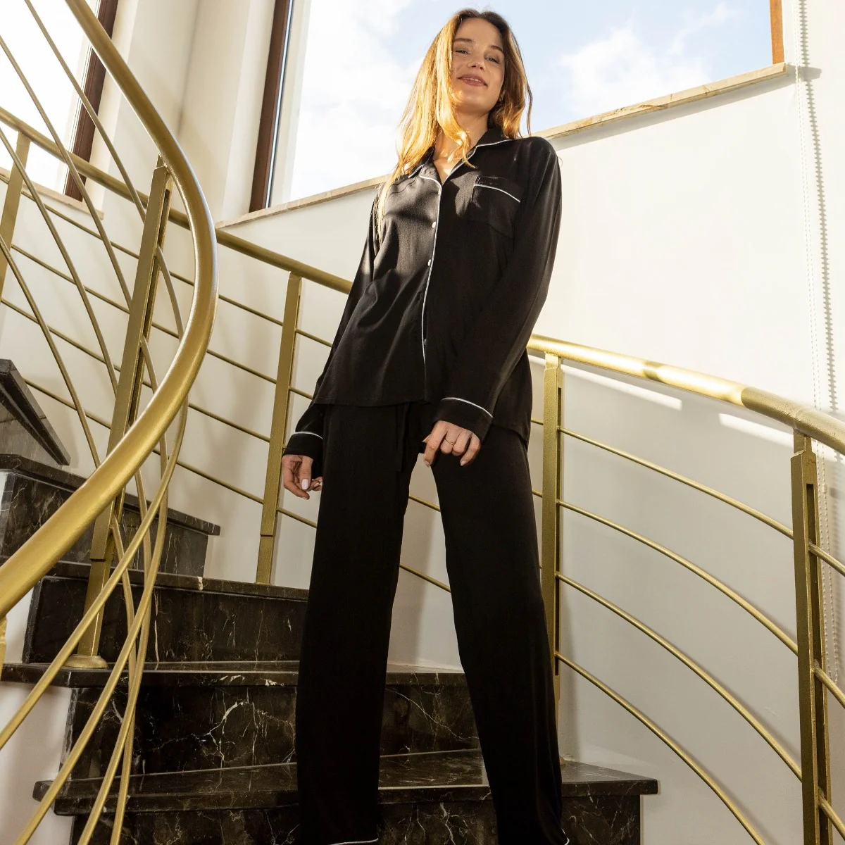 Ladies Vegan Silk Pyjama- Zumra Black Print - Image 3